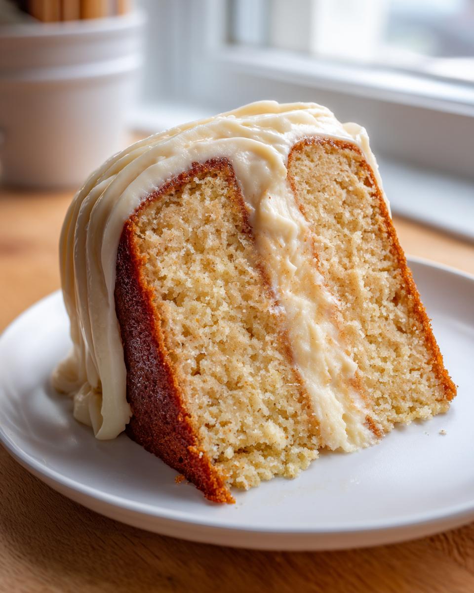 Close-up of a moist slice of applesauce cake layered with thick cream cheese frosting.