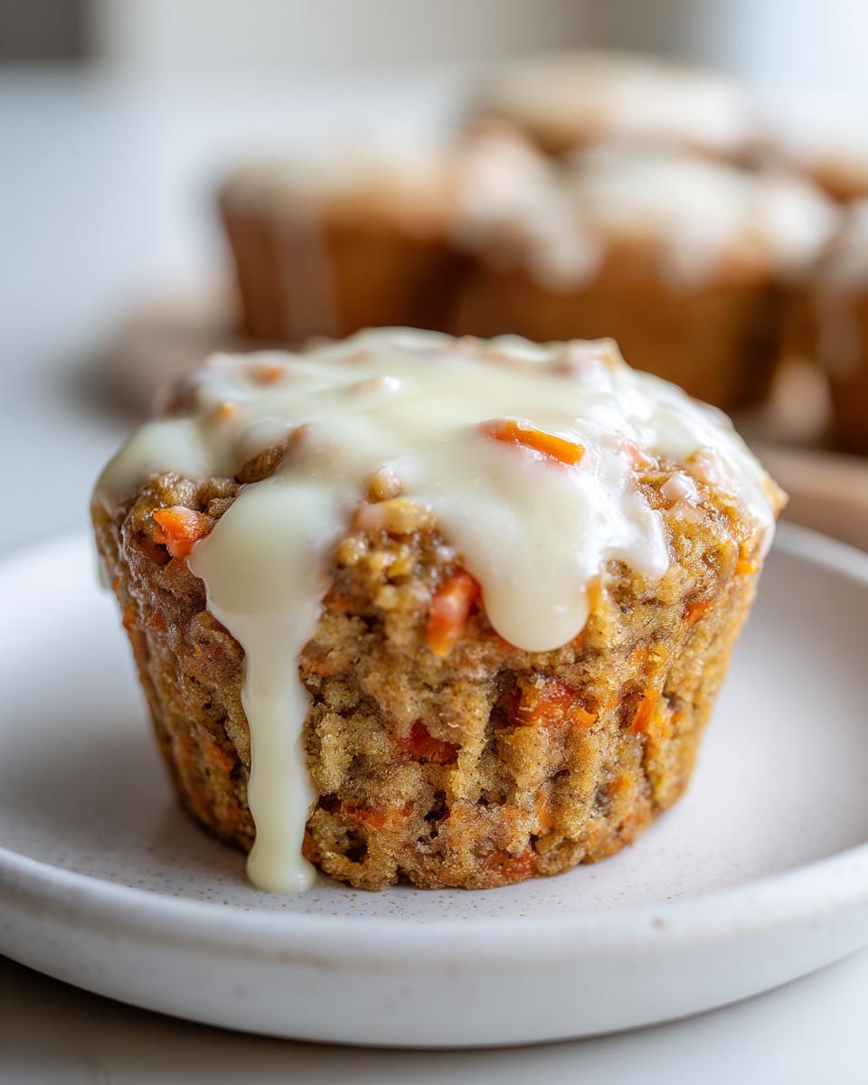 Close-up of a moist carrot cake muffin topped with a thick, dripping cream cheese glaze.