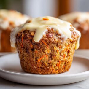 Close-up of a moist carrot cake muffin topped with dripping cream cheese glaze.