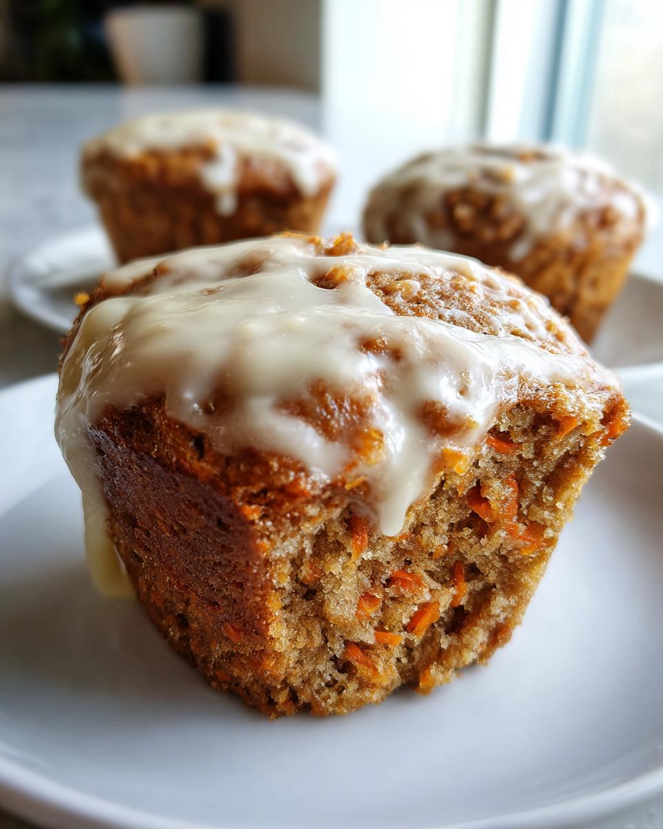 Close-up of a moist carrot cake muffin cut in half, showing shredded carrots, topped with dripping cream cheese glaze.