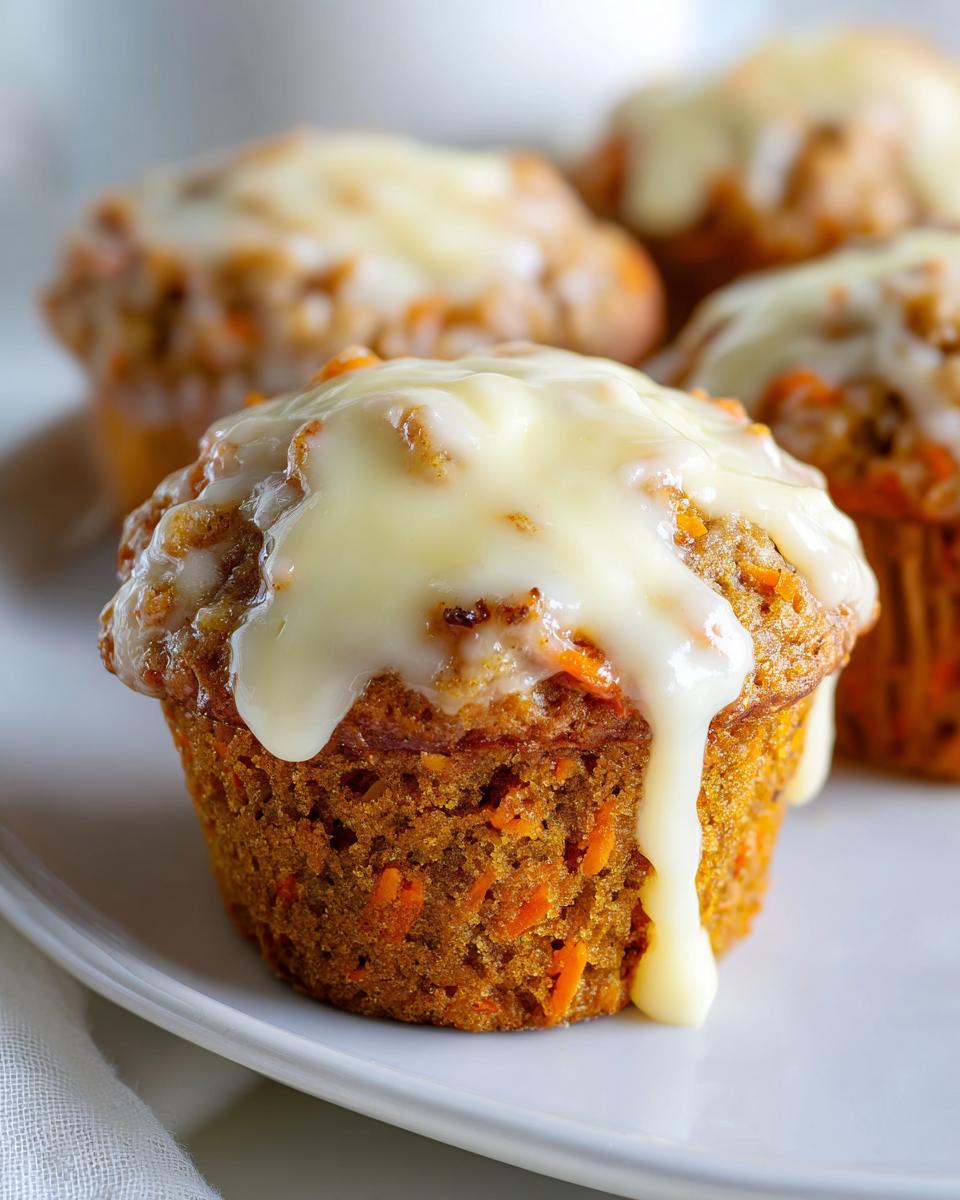Close-up of a moist carrot cake muffin topped with thick, dripping cream cheese glaze.