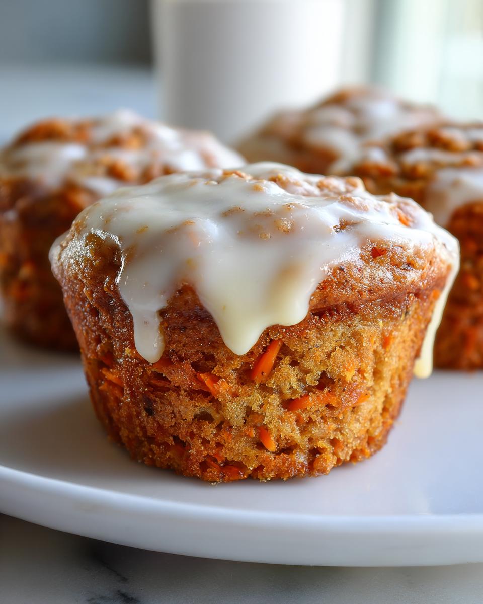 Close-up of a moist carrot cake muffin topped with thick, dripping white glaze.