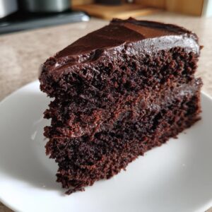 Close-up of a slice of moist chocolate cake layered with dark chocolate frosting.