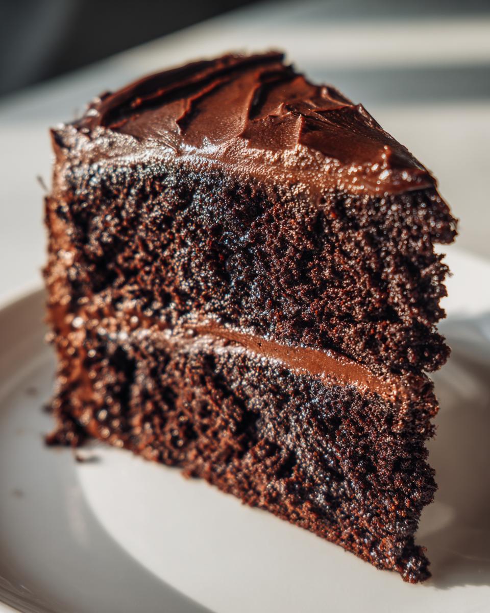Close-up of a rich, dark slice of moist chocolate cake showing its texture and thick chocolate frosting.