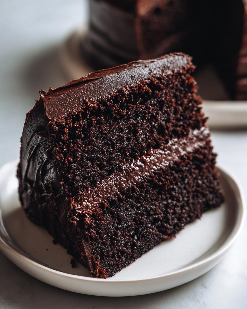 A close-up of a thick slice of moist chocolate cake layered with dark chocolate ganache frosting.