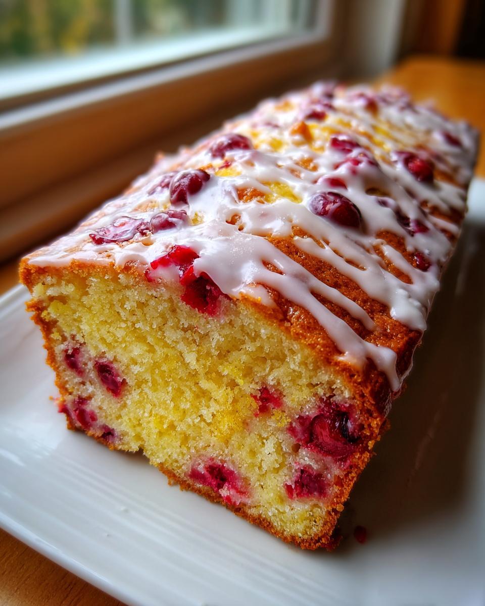 A moist cranberry orange cake loaf, drizzled with white icing, sitting on a white plate.