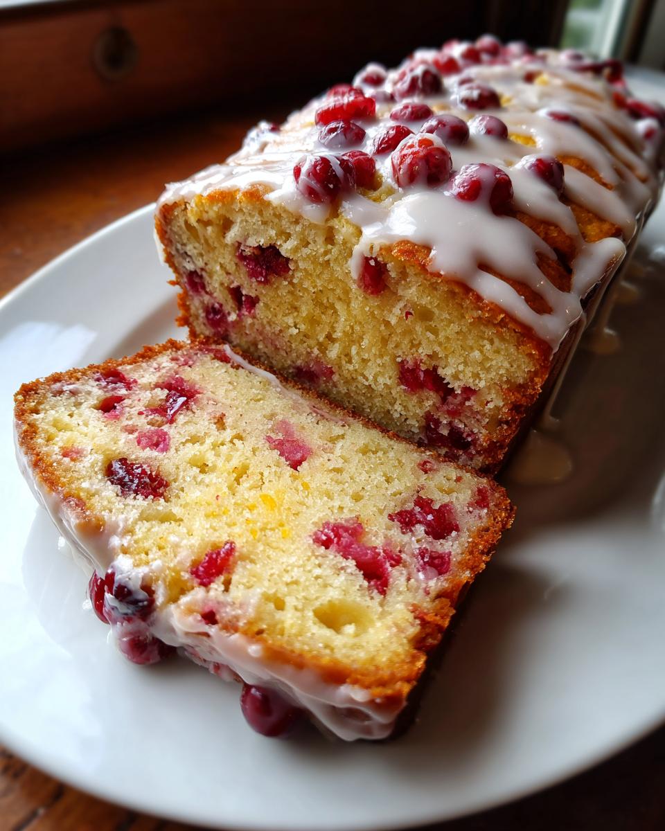 A moist cranberry orange cake loaf, partially sliced, drizzled with white citrus glaze and topped with whole cranberries.