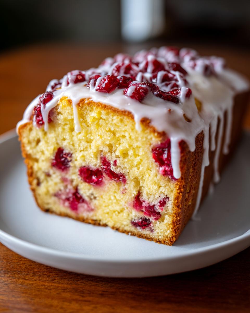 Close-up of a moist cranberry orange cake loaf topped with white glaze and whole cranberries.