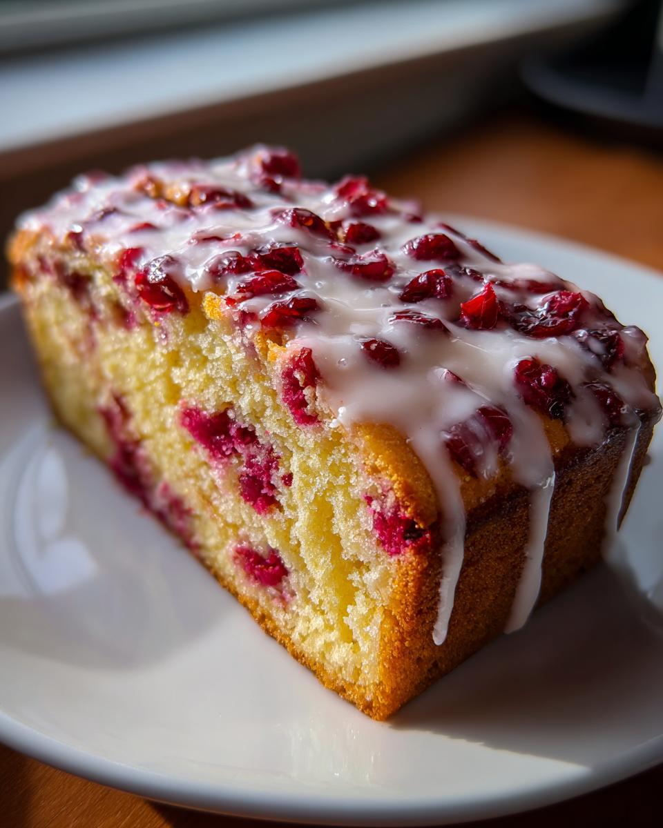 Close-up of a moist slice of cranberry orange cake topped with white glaze and dried cranberries.