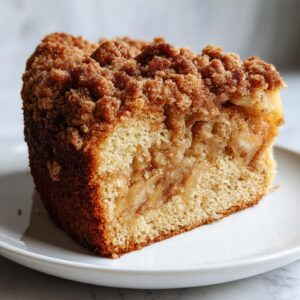 Close-up of a moist slice of jewish apple cake featuring tender cake, cinnamon apples, and a thick brown sugar crumb topping.