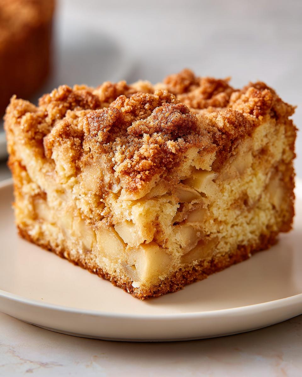 Close-up of a moist slice of jewish apple cake featuring chunks of apple and a thick cinnamon crumb topping.