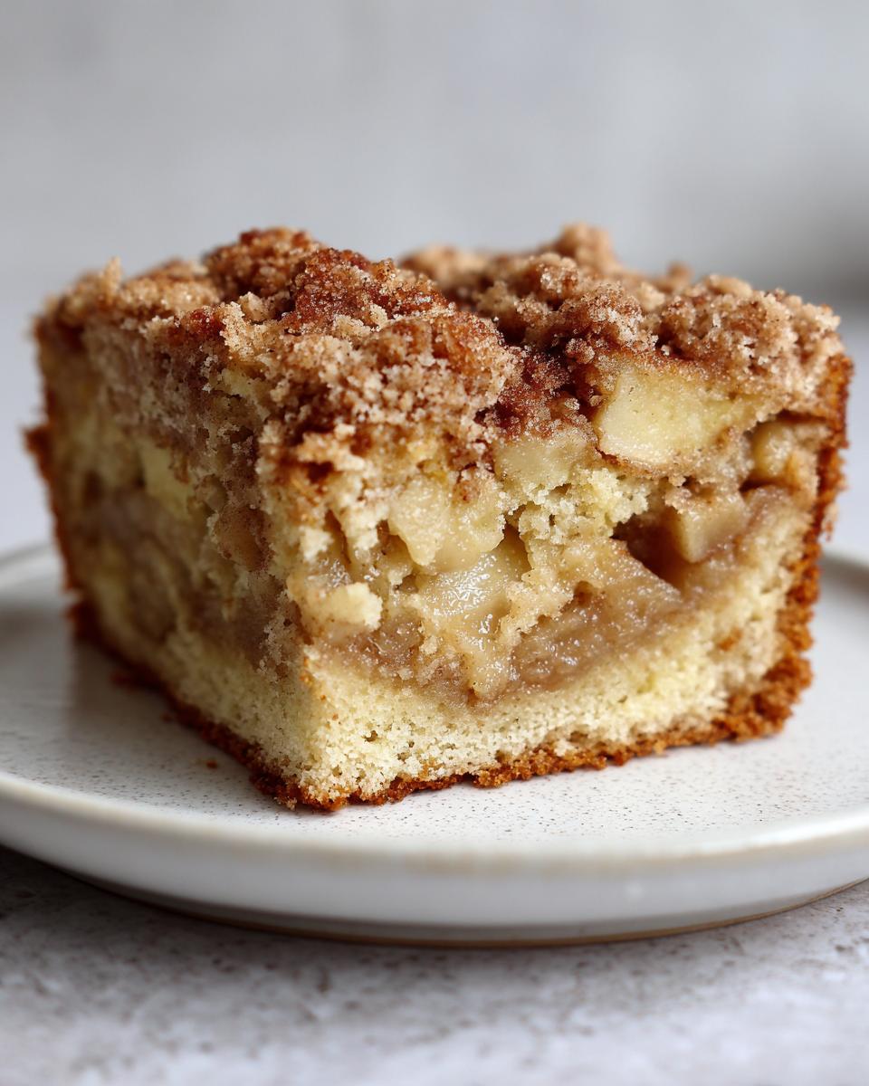 A close-up of a square slice of moist jewish apple cake showing tender cake, soft apple filling, and a cinnamon streusel topping.