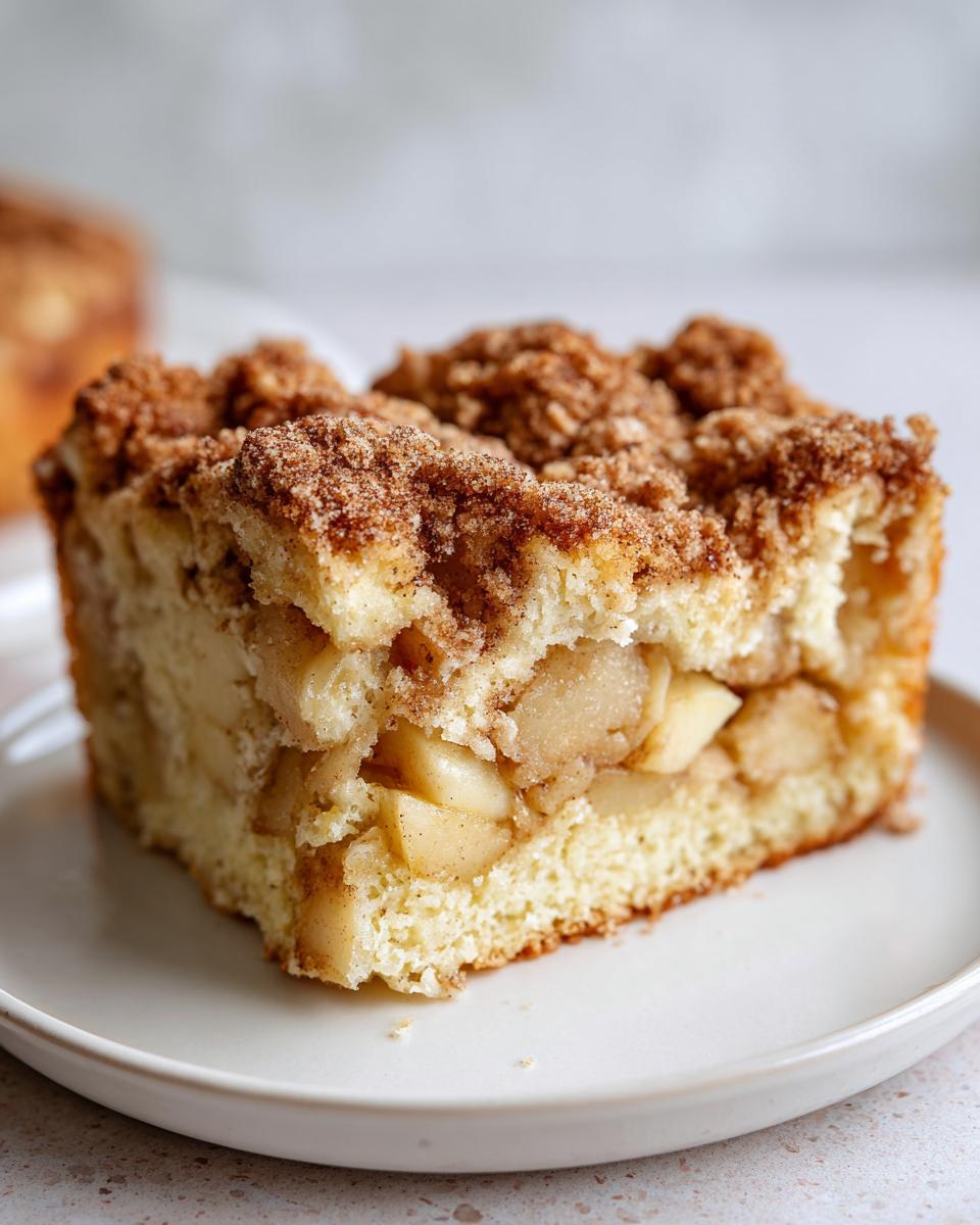 Close-up of a moist slice of jewish apple cake featuring chunks of apple and a thick cinnamon crumb topping.
