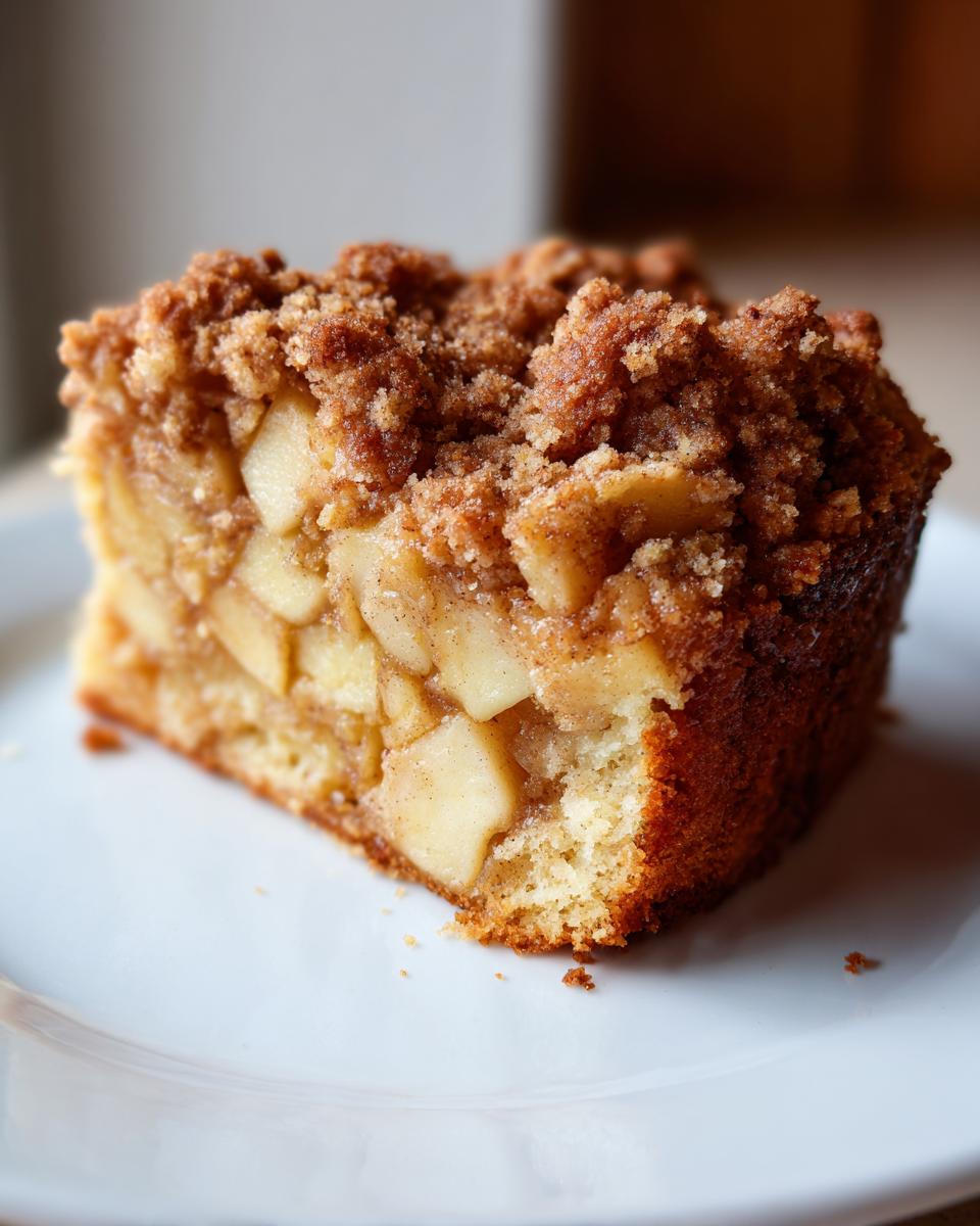 Close-up of a moist jewish apple cake slice showing chunks of apple and a thick cinnamon crumb topping.