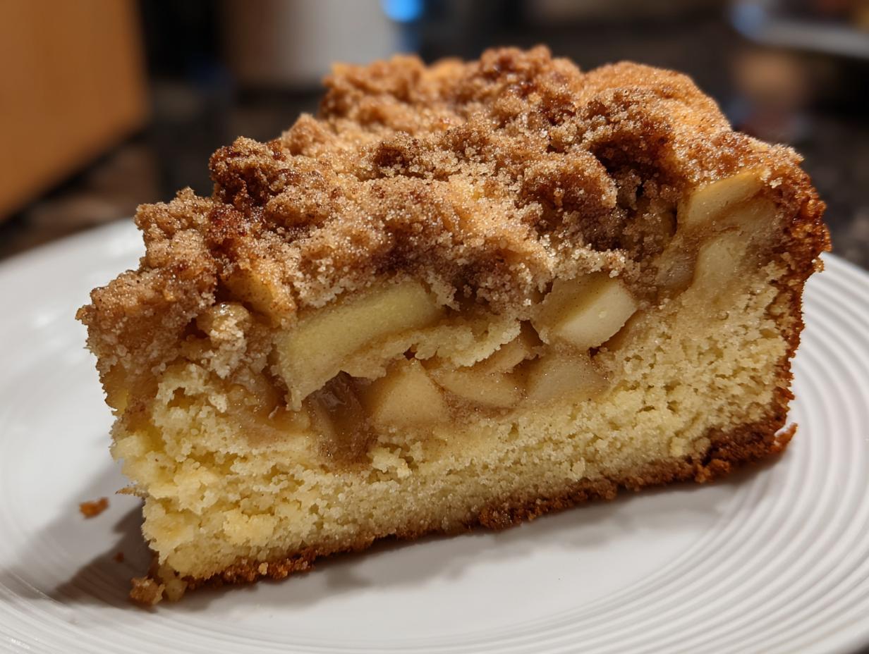 Close-up of a moist slice of jewish apple cake showing tender cake, chunks of apple, and a thick cinnamon streusel topping.