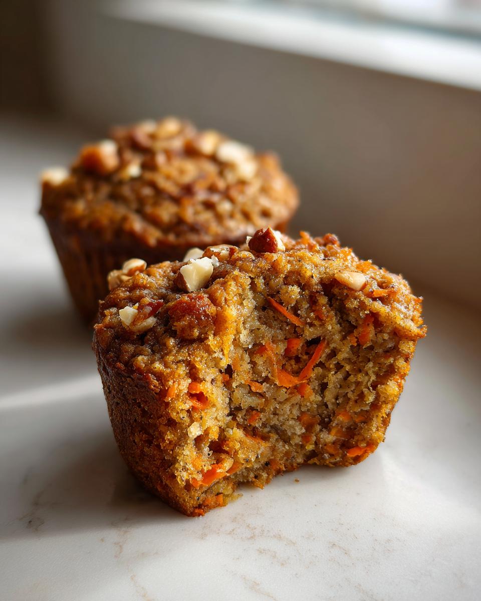 A morning glory muffin is broken in half showing the moist texture and shredded carrots inside, topped with chopped nuts.