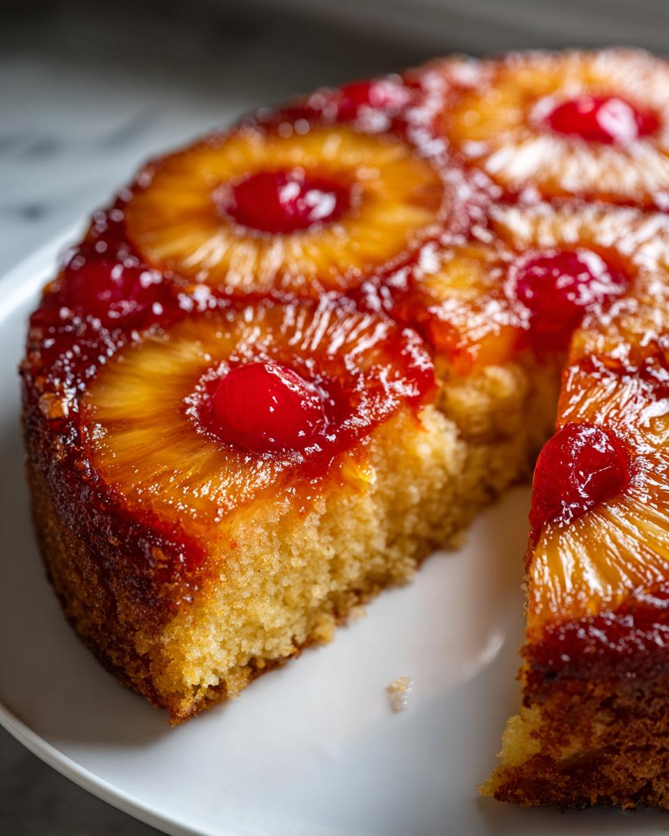 Close-up of a moist pineapple upside down cake with a slice cut out, showing caramelized topping and cherry centers.