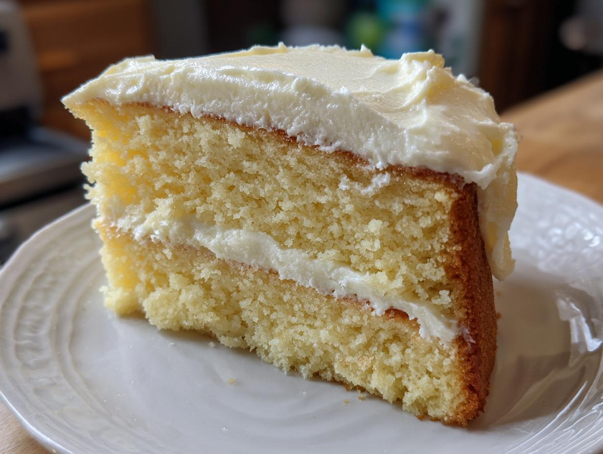 A close-up of a moist slice of vanilla cake recipe with thick white frosting between layers and on top.
