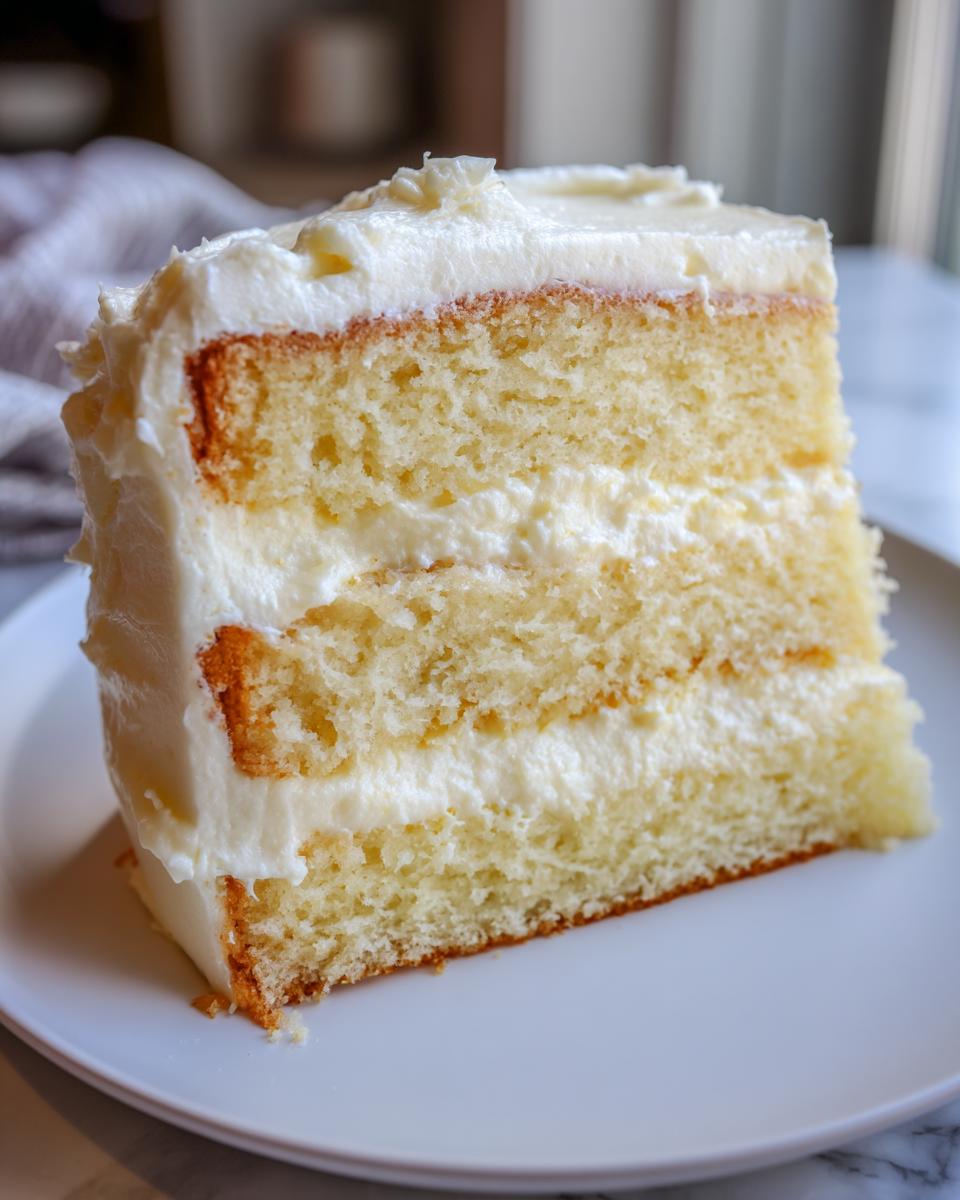 Close-up of a moist, three-layer slice of vanilla cake recipe with thick white frosting.