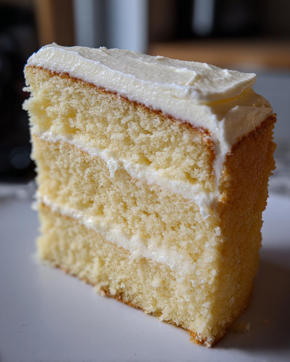 Close-up of a moist, fluffy slice of vanilla cake recipe with two layers of white frosting.