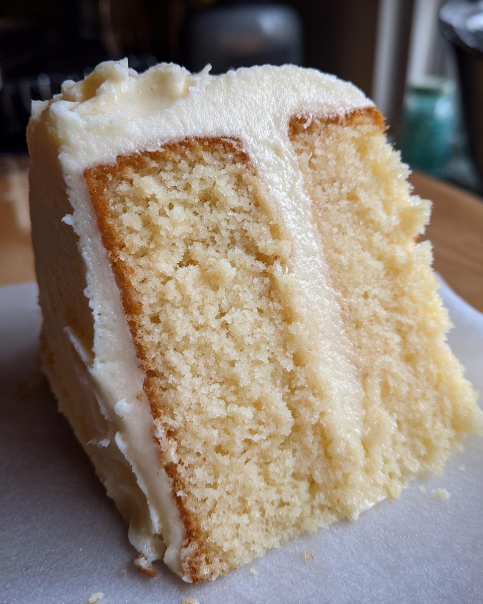 Close-up of a moist slice of vanilla cake recipe showing the fluffy crumb and thick layer of white frosting.