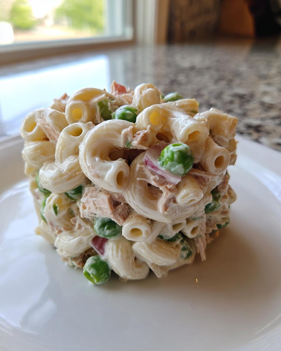 Close-up of a perfectly molded serving of creamy tuna pasta salad featuring elbow macaroni, green peas, and red onion.
