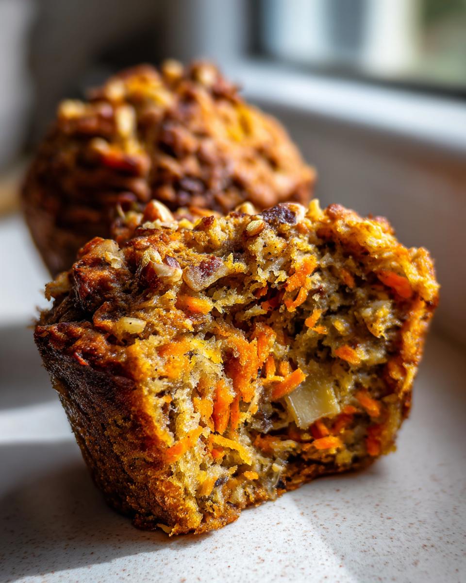 Close-up of a morning glory muffin cut in half, showing shredded carrots and nuts inside.