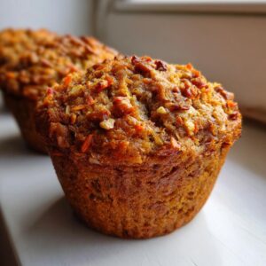 Close-up of a perfectly baked morning glory muffin topped with nuts and shredded carrots.