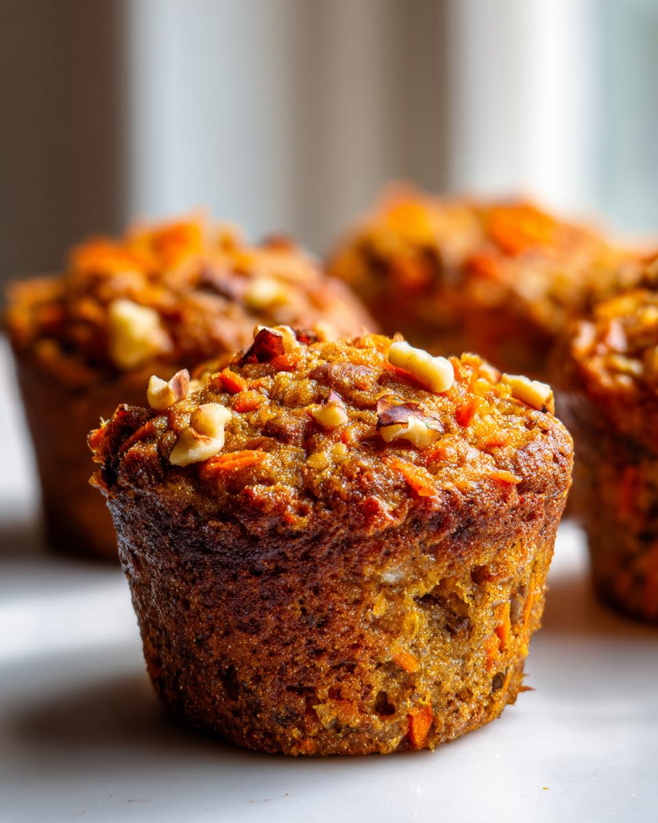 A close-up, low-angle shot of a perfectly baked morning glory muffin topped with walnuts.