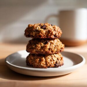 Three hearty oatmeal breakfast cookie treats stacked vertically on a small white plate.