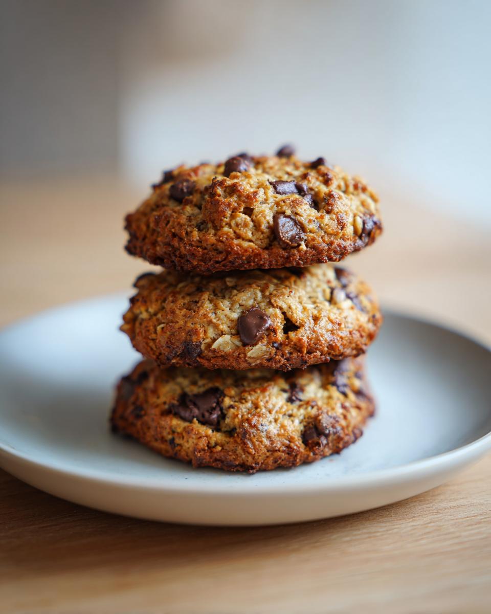 Three stacked, golden-brown oatmeal chocolate chip breakfast cookies on a light plate.