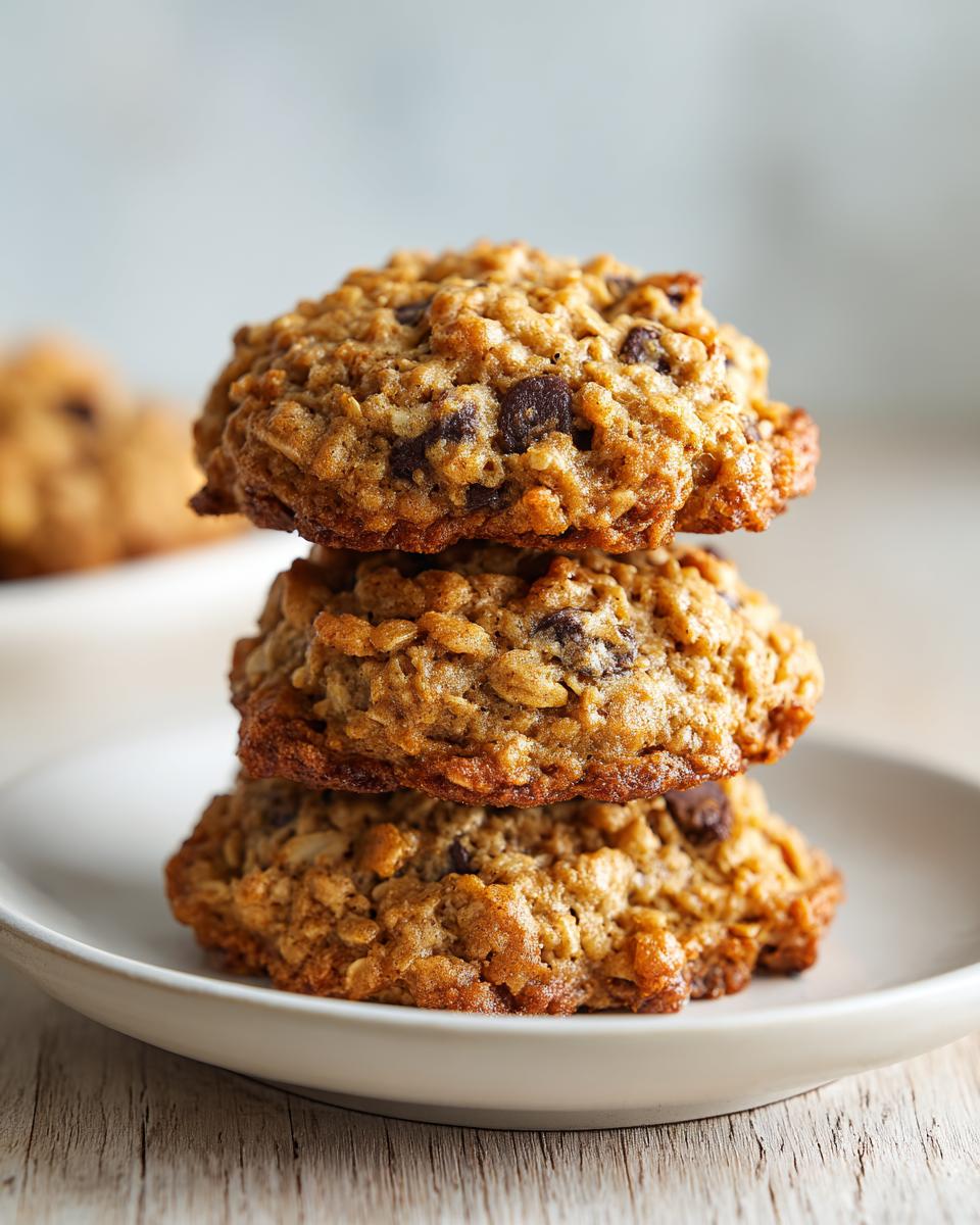 Three textured oatmeal chocolate chip breakfast cookies stacked on a small white plate.