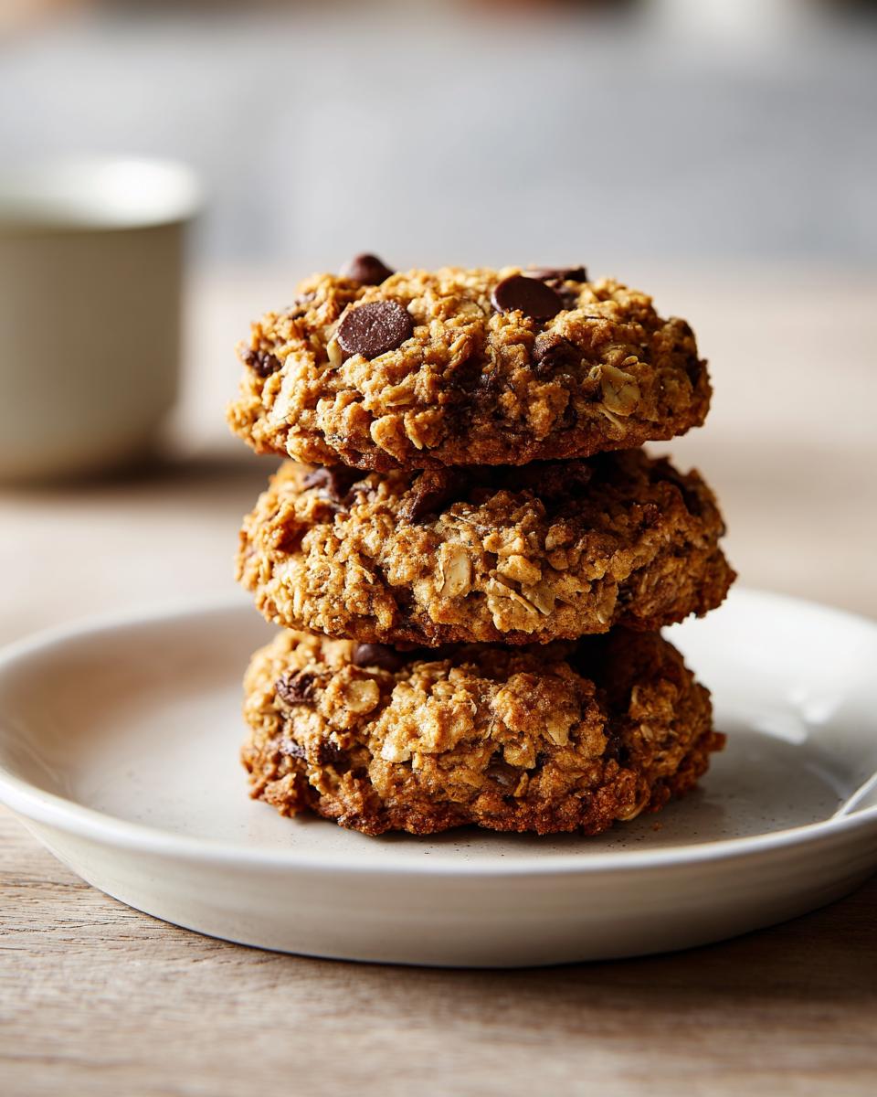 Three stacked oatmeal chocolate chip breakfast cookie on a light plate.