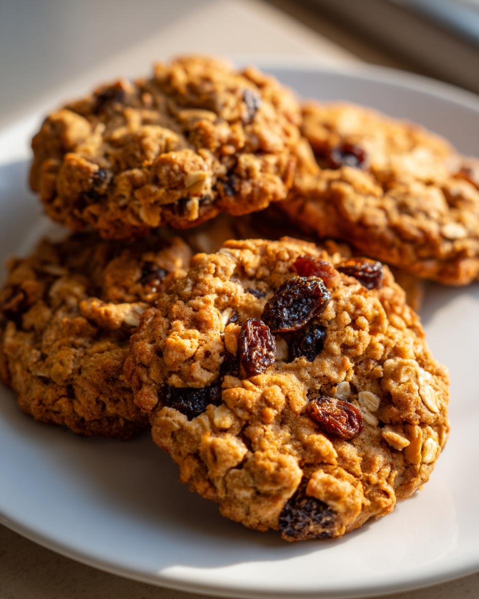 Close-up of several golden brown oatmeal raisin cookies stacked on a white plate, highlighted by sunlight.
