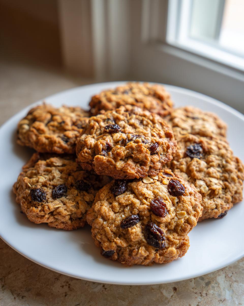 A stack of freshly baked oatmeal raisin cookies piled high on a white plate.