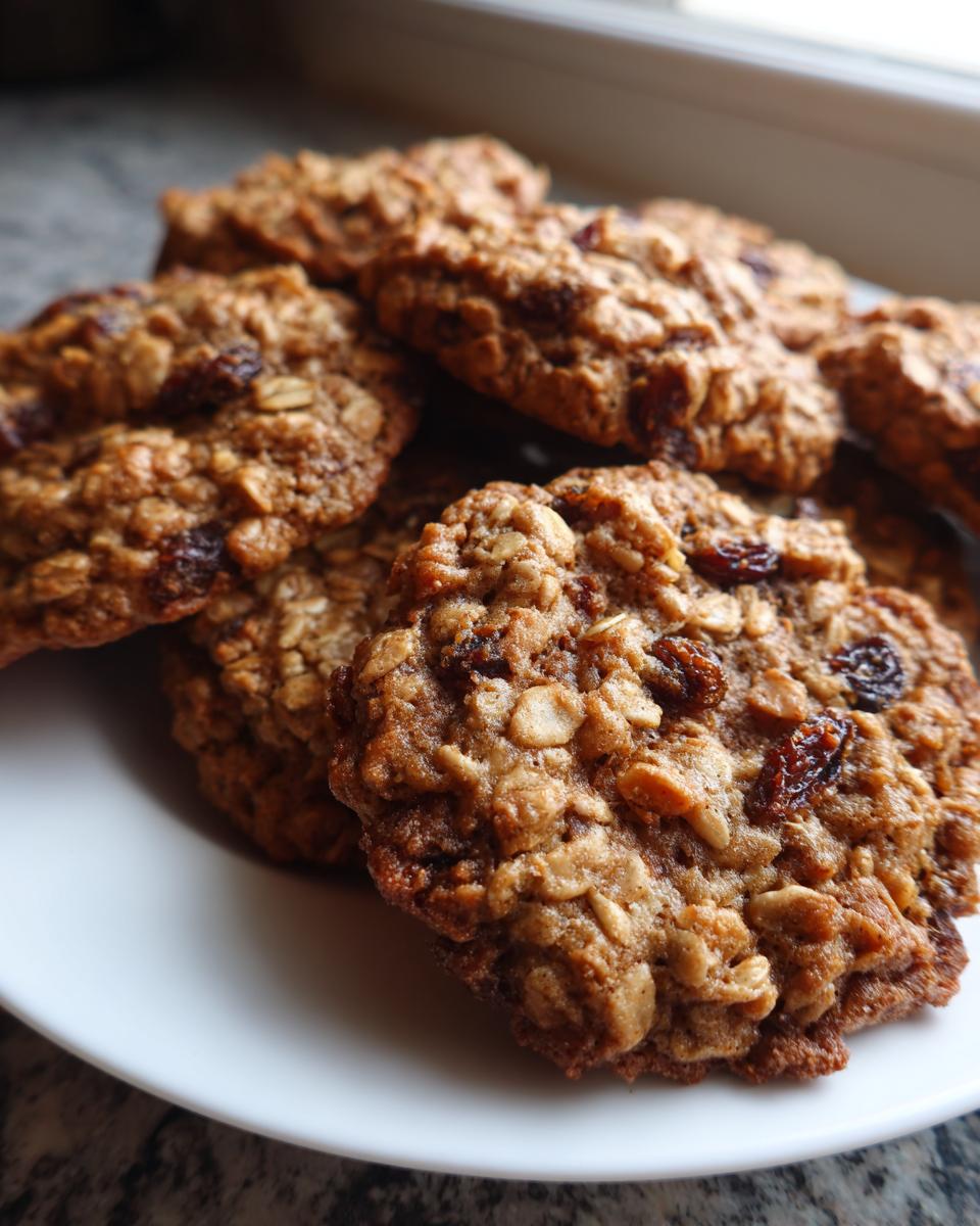 A pile of freshly baked oatmeal raisin cookies stacked on a white plate, showing visible oats and raisins.