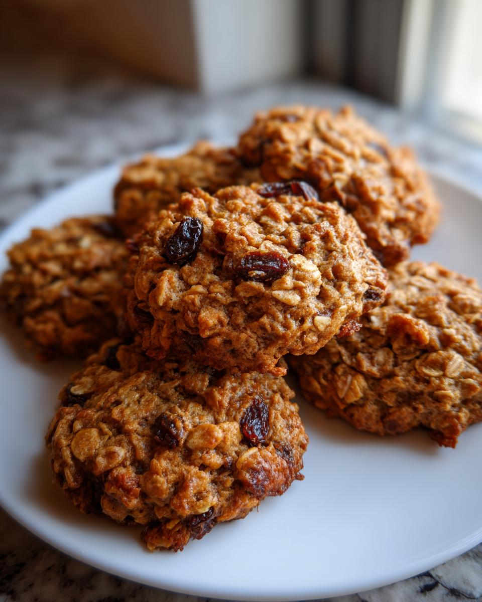 Close-up of several textured oatmeal raisin cookies stacked on a white plate, highlighting the oats and raisins.