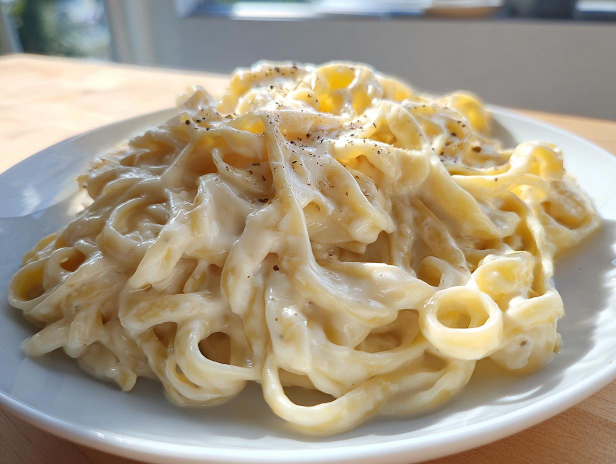 A close-up of fettuccine pasta generously coated in creamy Olive Garden Alfredo Sauce and topped with black pepper.