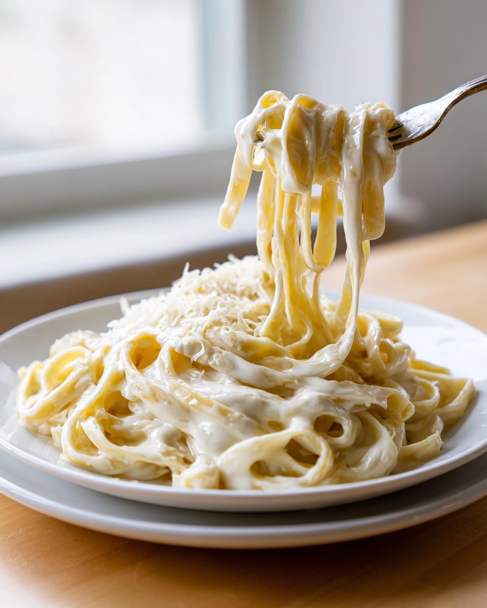Close-up of fettuccine pasta coated in rich, creamy Olive Garden Alfredo Sauce, lifted by a fork.