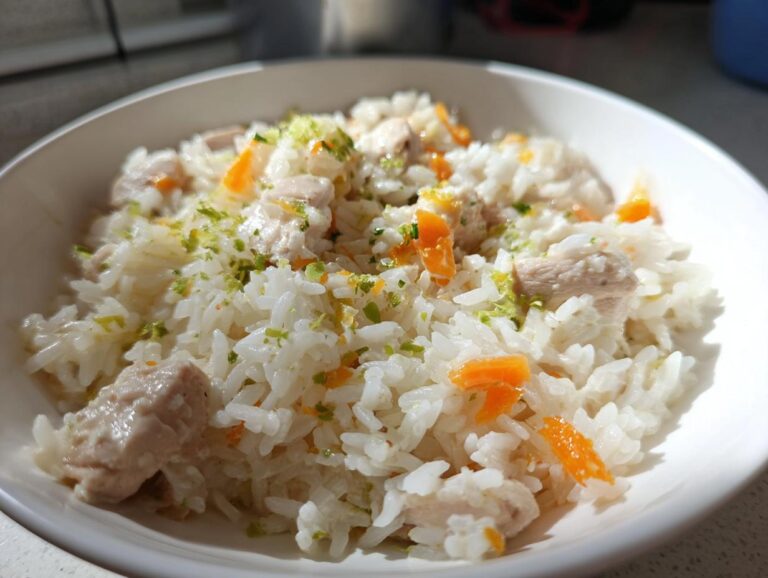Close-up of a white bowl filled with moist one pot chicken and rice, garnished with orange carrots and green zest.