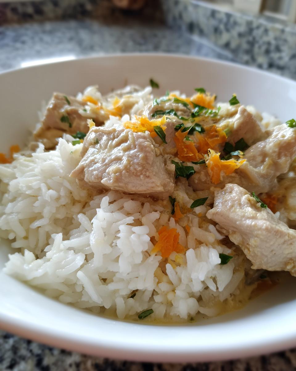 Close-up of creamy one pot chicken and rice topped with orange zest and parsley in a white bowl.