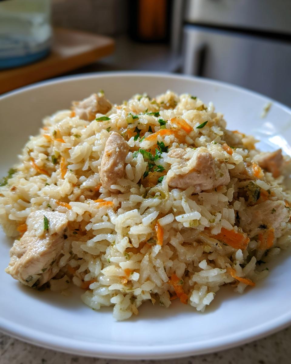 Close-up of a white bowl filled with fluffy one pot chicken and rice mixed with shredded carrots and parsley.