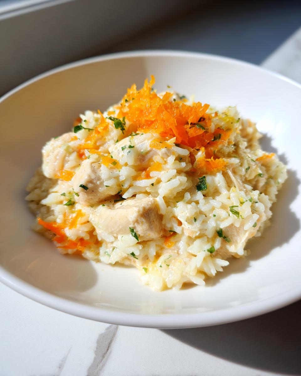 Close-up of creamy one pot chicken and rice topped with shredded carrots and parsley in a white bowl.