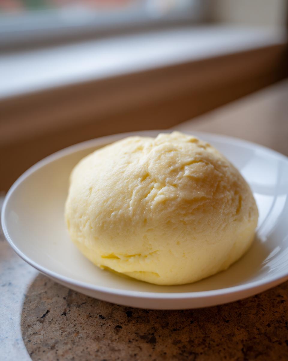 A smooth, pale yellow ball of freshly made fufu served in a white bowl, ready to eat.