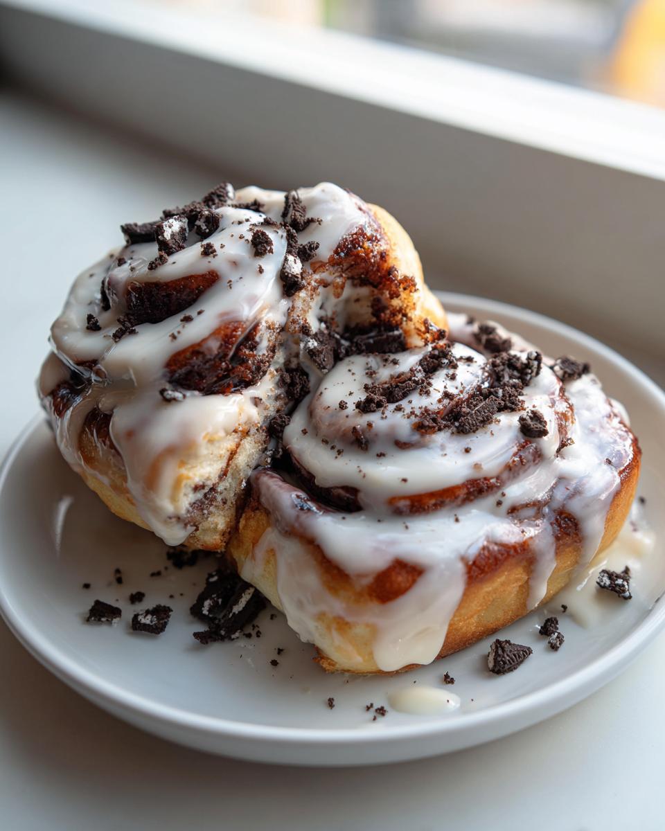 Two decadent Oreo cinnamon rolls covered in white icing and crushed Oreo pieces, sitting on a white plate.