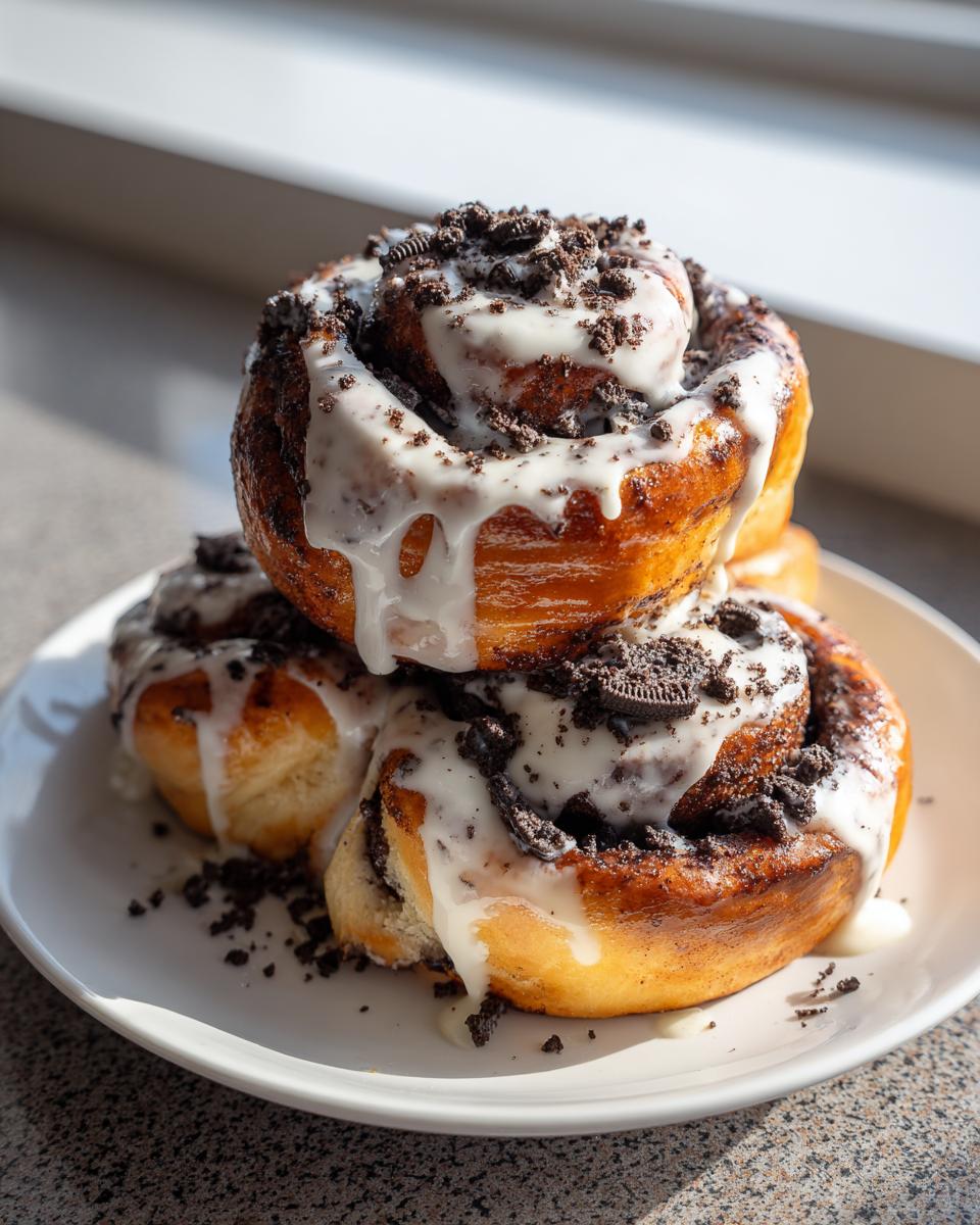 A stack of three decadent Oreo cinnamon rolls drizzled with white icing and topped with crushed Oreo pieces.