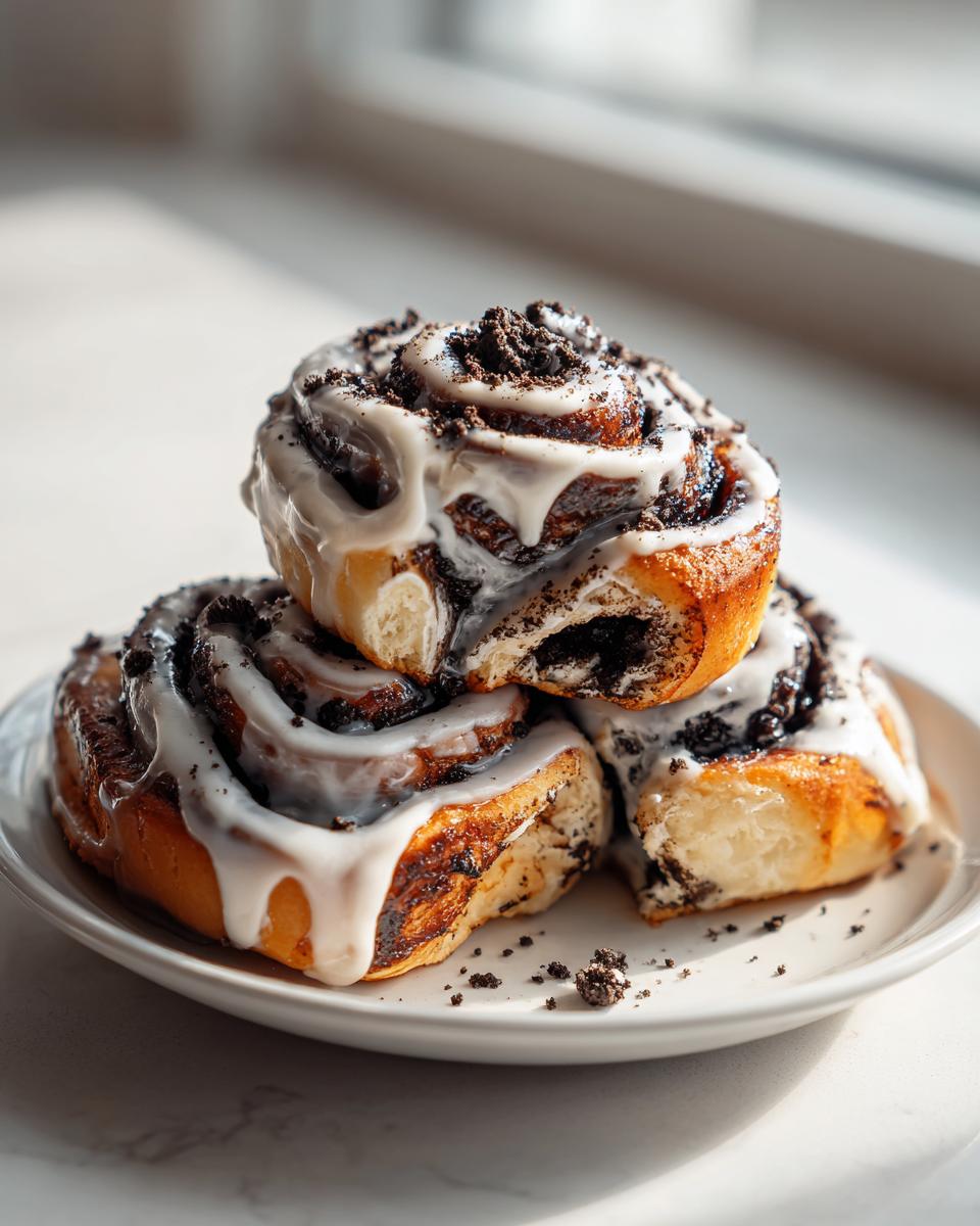 A stack of three decadent Oreo cinnamon rolls covered in white icing and crushed cookies.