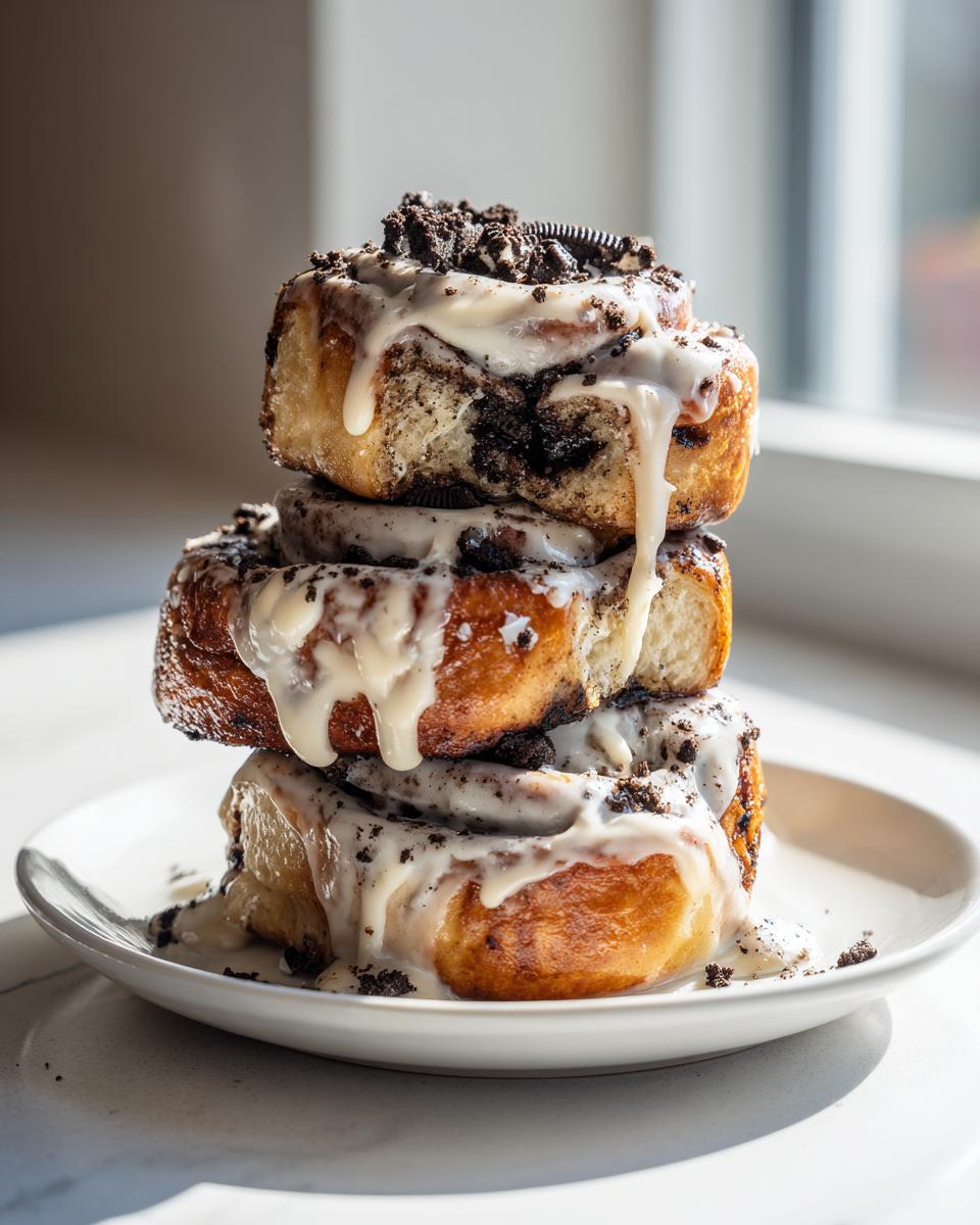 A tall stack of three gooey Oreo cinnamon rolls drizzled with white icing and topped with cookie crumbs.