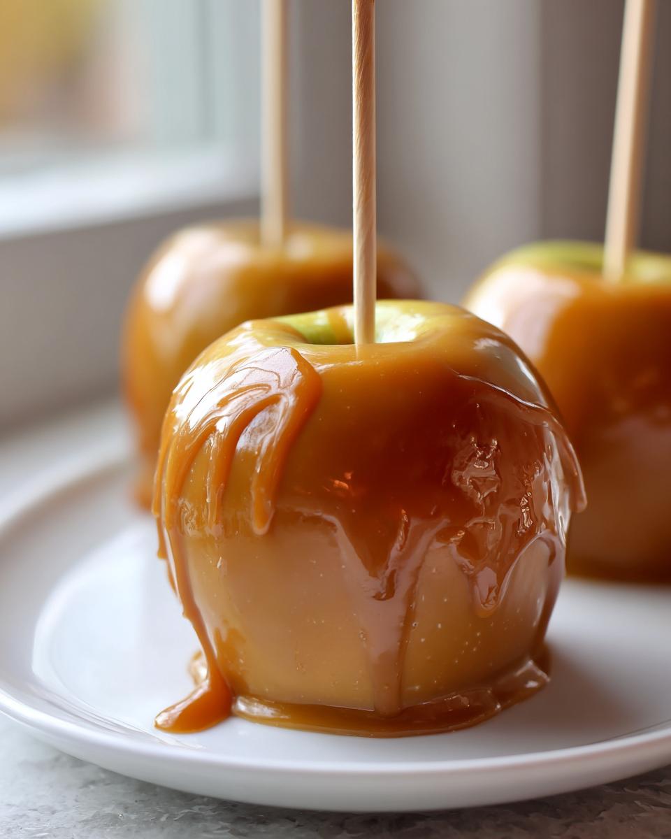 A close-up of a freshly made caramel apple with thick, dripping caramel coating, ready to eat.