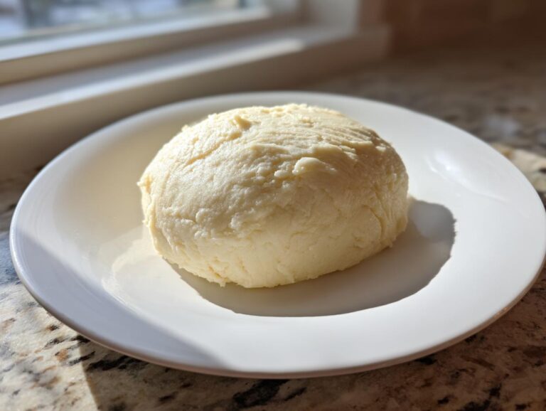 A smooth, pale yellow ball of freshly made fufu resting on a white plate, illuminated by sunlight.